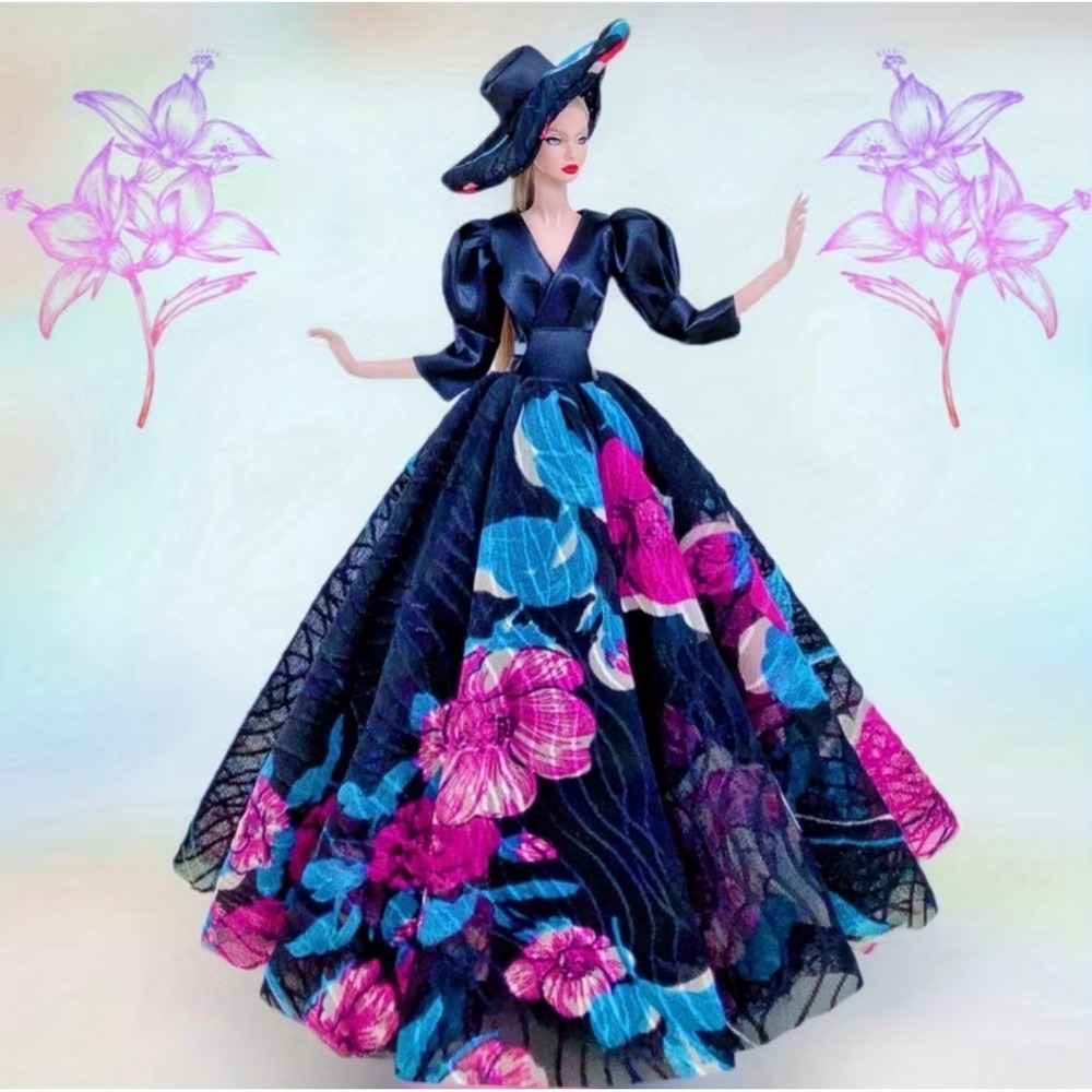 Colorful Blue Floral Ball Gown Dress 3pcs Outfit Set For 11.5 in Fashion Doll